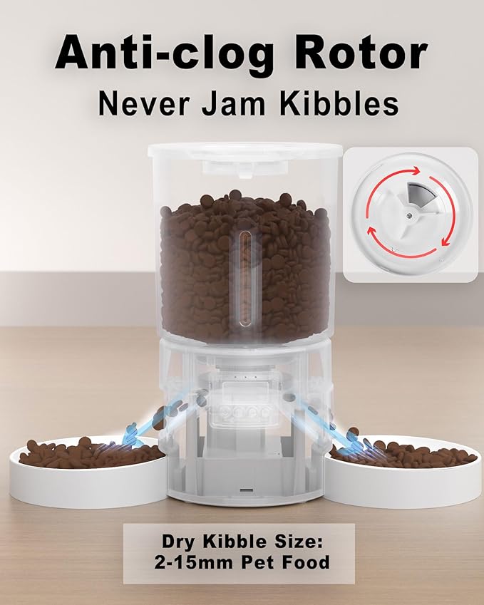 Automatic Cat Feeder for 2 Cats,Dual Bowl Dry Food Dispenser with Portion Control & 10s Voice Recorder,Timed Feeding,Dual Power,Quiet Operation(White, ABS Dual Bowls)