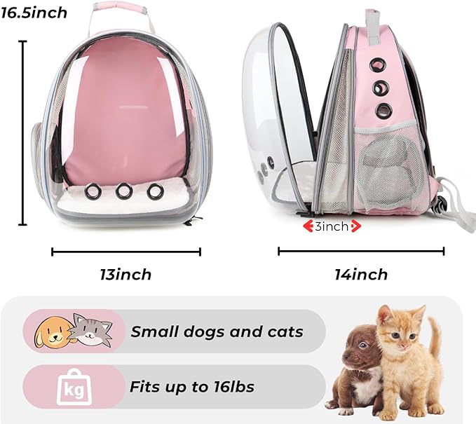 Lollimeow Cat Carrier Backpack, Bubble Expandable Backpack Carrier, Pets and Small Dogs,Airline-Approved, Designed for Travel, Hiking, Walking & Outdoor Use (Front Expandable-Pink)