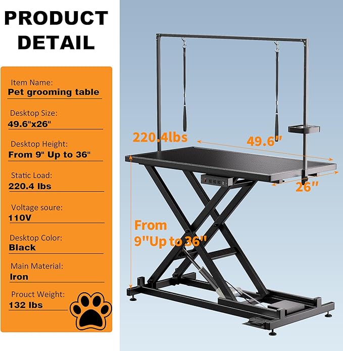 Professional Electric Lift Dog Grooming Table, 50 Inch Heavy Duty Pet Grooming Station with Roller, Adjustable Overhead Arms and Tool Organizer Suitable for Home and Commercial Use