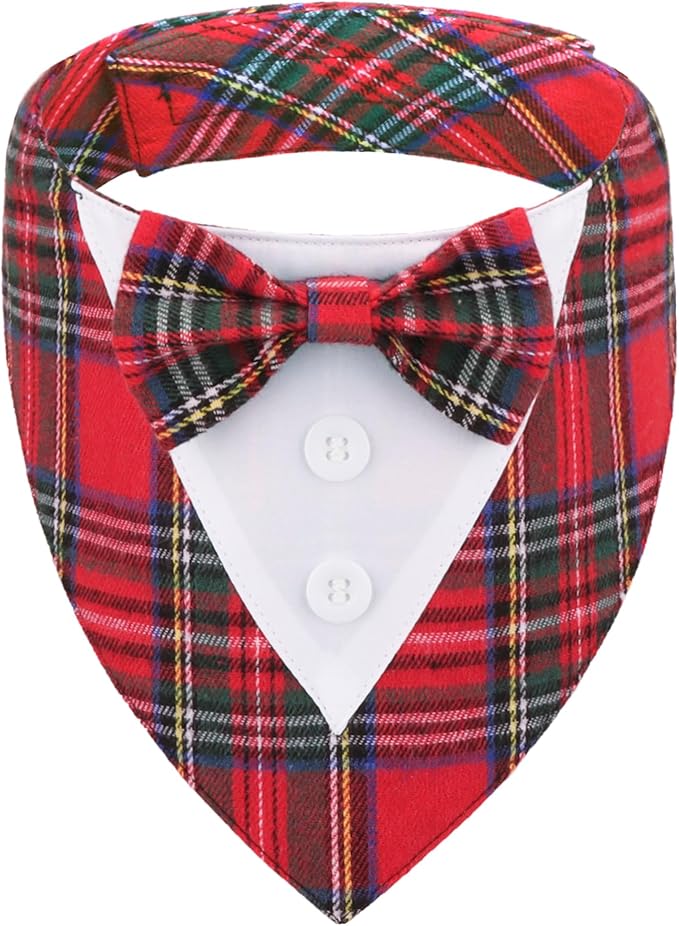 ADOGGYGO Christmas Dog Tuxedo Bandana, Red Plaid Pet Chritstmas Collar with Bowtie, Adjustable Christmas Costume for X-Small Dogs Pets (XS)