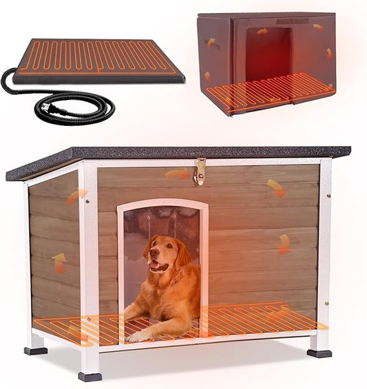 GUTINNEEN Extra Large Heated Dog House Insulated Dog House with Thermostat-Controlled Heating Pad, Thermal Liner, Outdoor Weatherproof Dog Kennel with Chew-Proof Metal Frame, 43.3"L × 28"D × 32.1"H