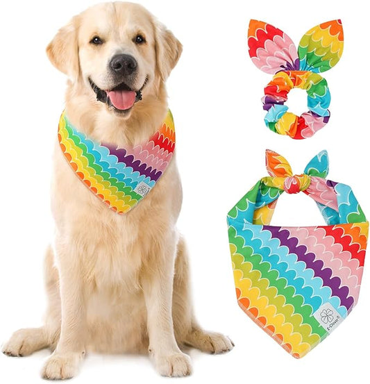 E-Clover Rainbow Dog Bandanas & Matching Scrunchie Set Girl Cute Pride Dog Scarf Bibs Pet Bandana with Bow Tie for Medium Large Dogs Owner Mom Summer
