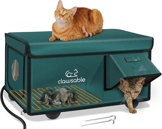 Indestructible Heated Cat House for Outside Cats Winter, 100% Weatherproof, Safe Escape Door, Insulated Outdoor Cat Shelter with Heater for Feral Barn Cat Kitty (Forest Green, 26"x16"x14")
