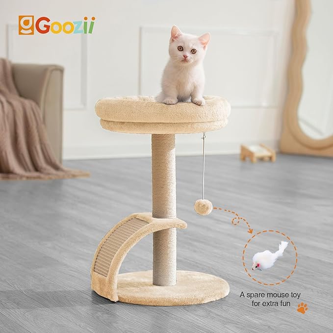 Cat Scratching Post Tower for Indoor Cats, Small Cat Tree Tower with Bed and Hanging Ball Toys, Short Modern Carpet Kitten Scratcher Stand with Large Round Perch and Scratch Ramp (Beige)