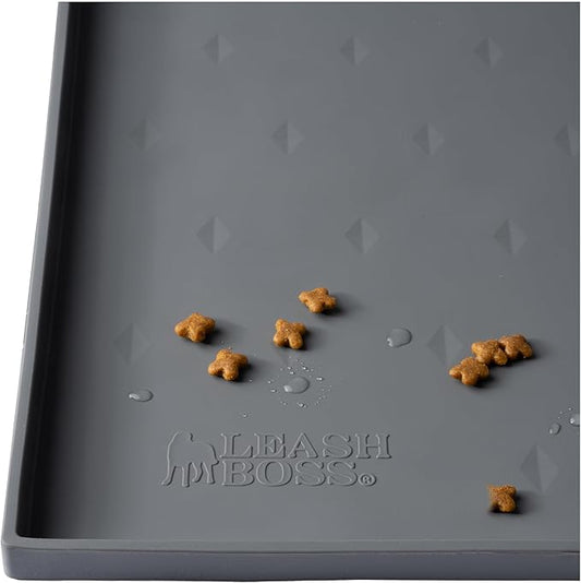 Leash Boss Dog Food Mat - Waterproof Cat & Dog Bowl Mat for Food and Water, Silicone Pet Feeding Mats for Floors, Non-Slip Placemat with High Edges, Puppy Essentials (Small: 18"x11", Gray)