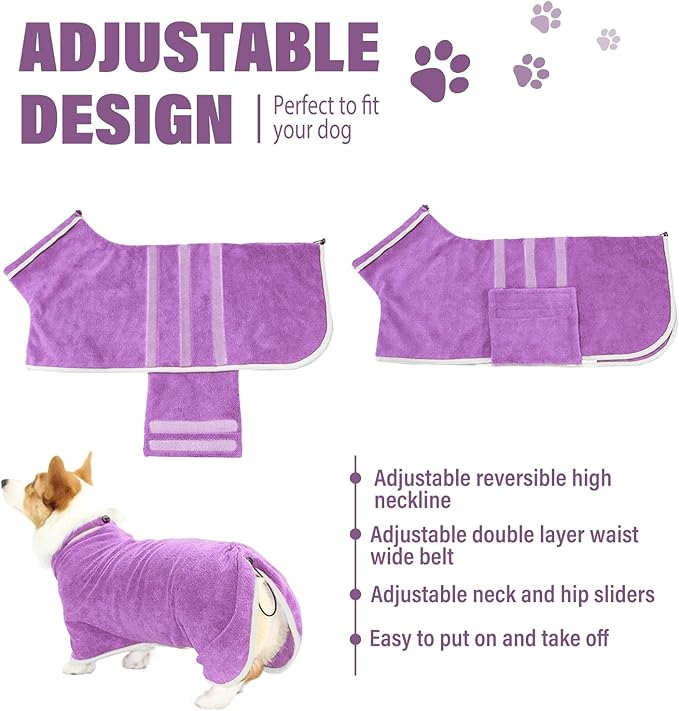 Dog Robe - Fast Drying Towel - Microfiber Super Absorbent Pet Bathrobe, Adjustable Collar & Belly Strap (Purple, X-Large)