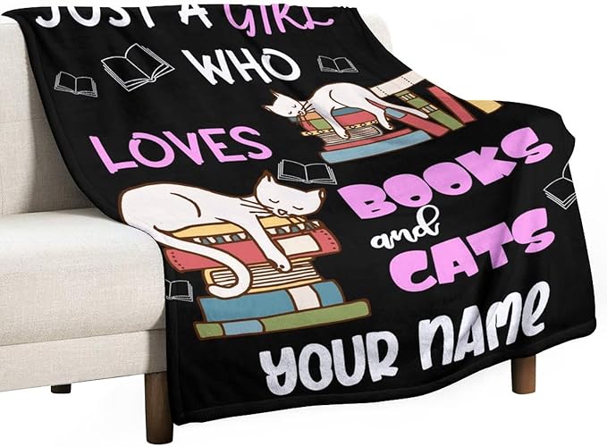 Personalized Cat Blanket Gifts with Name - 60"x80" Cute Throw Blanket for Adults Kids - Black Soft Plush Throws for Bed, Couch & Travel