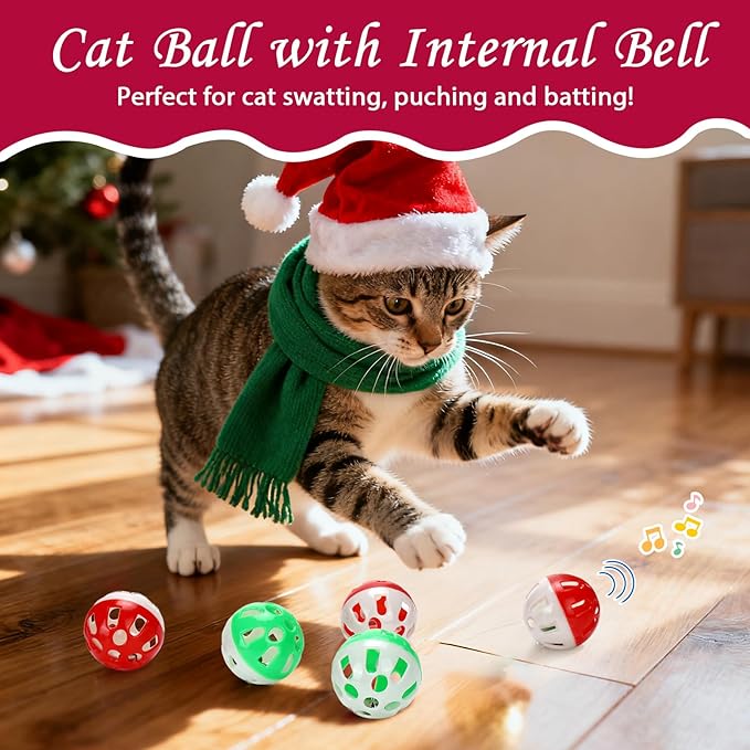 Mity rain Cat Ball Pit with Balls Included, Interactive Toy for Indoor Bored Cats with Ball Launcher, Jingle and Pom Pom Balls, Christmas Cat Toys Enrichment, Kitten Toys for Self Playing Red