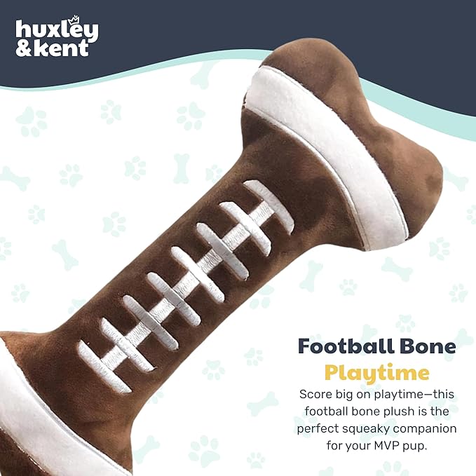 Huxley & Kent Funny Dog Toy w/Squeaker – Power Plush Squeaky Dog Toys for Small, Medium & Large Dogs – Soft Stuffed Animal for Indoor Play & Fetch - Football Bone, Small