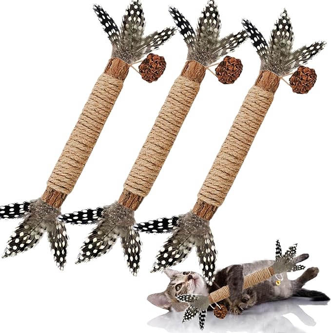 Cat Toys,3 Pack Silvervine Cat Feather Toy Kitten Chew Stick Catnip Treat for Cleaning Teeth Indoor Kitty Teaser Wand Molar Snack Interactive Pet Rabbit Bunny Hamster