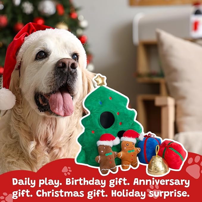 Hollypet Squeaky Dog Toy, Interactive Plush Hide and Seek Dog Toys for Small Medium Sized Dogs and Non-Aggressive Chewers, Puppy Teeth Clean Chew Toys, Christmas Tree
