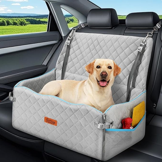 Large Dog Car Seat, Dogs Car Bed for Large Dogs Under 60 lbs or 2 Small Breeds, Comfortable Dog Booster Carseat with Memory Foam Thick Cushion, Detachable & Washable Pet Bed for Backseat, Grey