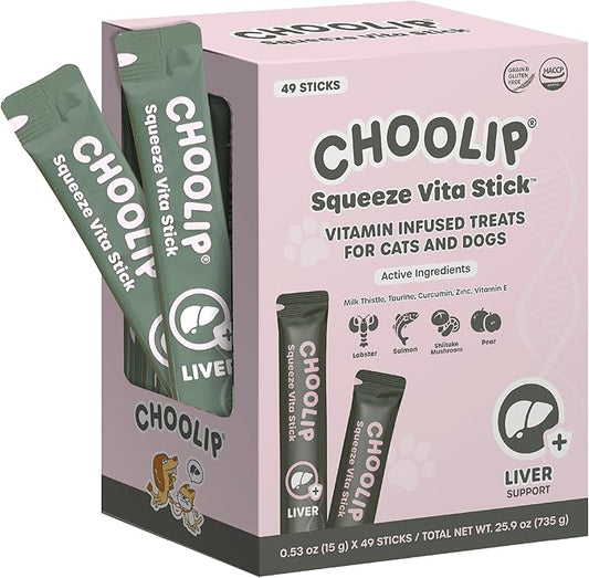 Choolip Squeeze Vita Stick Lickable Cat Treats & Dog Puree – 49-Count Liver Support Tubes, Creamy Grain-Free High-Protein Puree with Milk Thistle, Vitamin E & CoQ10 for Liver Health & Detox Support