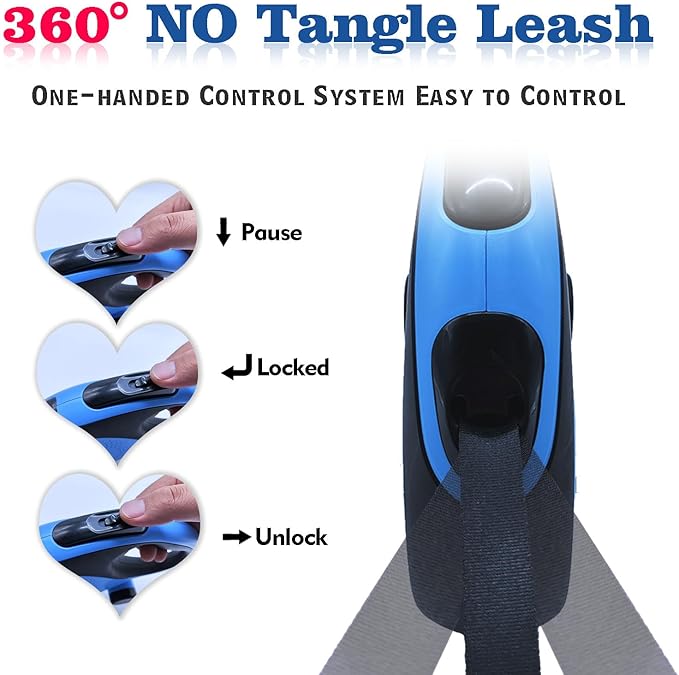 Retractable Dog Leash 26ft,Chew-Proof Heavy-Duty Pet Leash for Medium/Large Breed up to 110 lbs, 360° Tangle-Free Long Retract Dog Lead,with Poop Bag Dispenser, One-Hand Brake (Blue)