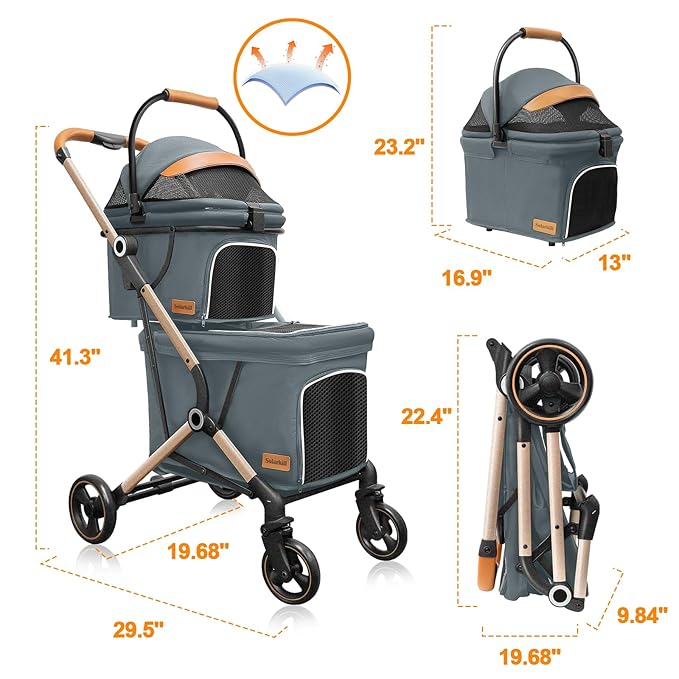 Double Dog Stroller for Small & Medium Pets - 4 Wheel Jogger with Detachable Cat Carriage, Dog Strollers Spacious Storage Basket and One-Button Foldable Design