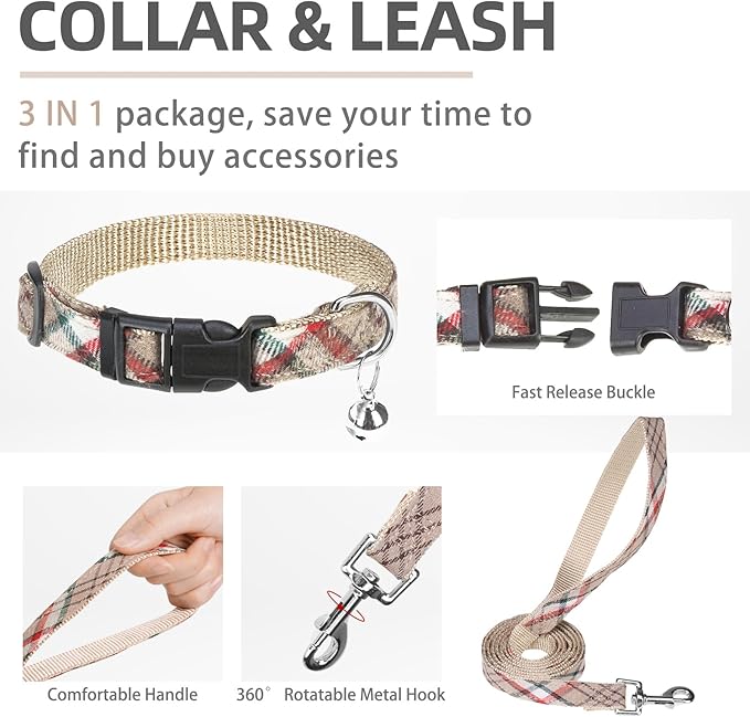 PUPTECK Adjustable Dog Harness Collar and Leash Set Step in No Pull Pet Harness for Small Medium Dogs Puppy and Cats Outdoor Walking Running, Soft Mesh Padded Reflective Vest Harnesses, Khaki XS