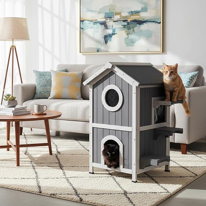 GEGURI Outdoor Heated Cat House Winter-Proof, Two-Story Insulated Shelter for Feral Cats with Thermal Layer, Removable Roof, Balcony & Escape Door