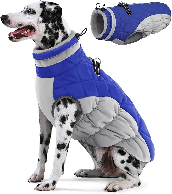 AOFITEE Dog Coat, Warm Dog Jackets for Large Dogs, Reflective Turtleneck Dogs Winter Coat with Harness Built in, Waterproof Windproof Pet Snow Jacket Fleece Vest for Cold Weather, Blue XXL