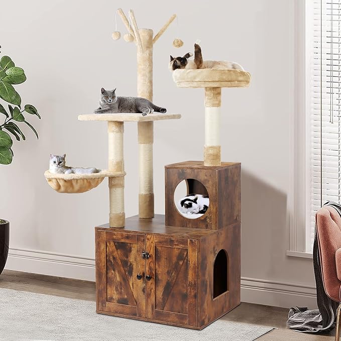 Cat Tree Tower with Litter Box Enclosure, 2-in-1 Wooden Cat Condo with Sisal Scratching Post, Hammock, Brown