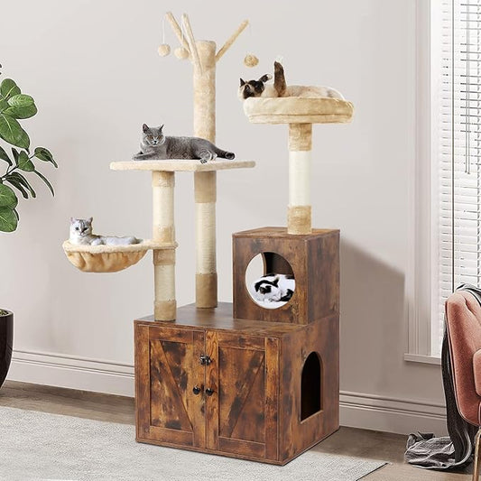 Cat Tree Tower with Litter Box Enclosure, 2-in-1 Wooden Cat Condo with Sisal Scratching Post, Hammock, Brown