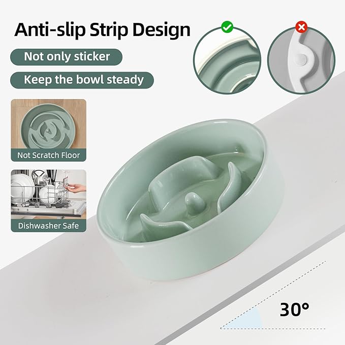 Ceramic 0.9 Cup Raised Dog Slow Feeder Set, Elevated Bowl with Wooden Stand for Small Dog and Cat, 6.1inch Puzzle Slow Dog Food Dish, Anti-Gulping(Light Green, Single Bowl+ Stand)