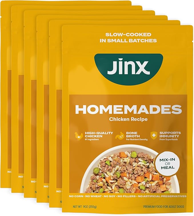 Jinx Chicken Dog Wet Food, Meal or Mix in Dog Toppers for Dry Food, Made with Real Chicken, Bone Broth & Brown Rice, No Fillers, Puppy, Adult, Senior, 9oz, 6 Pack