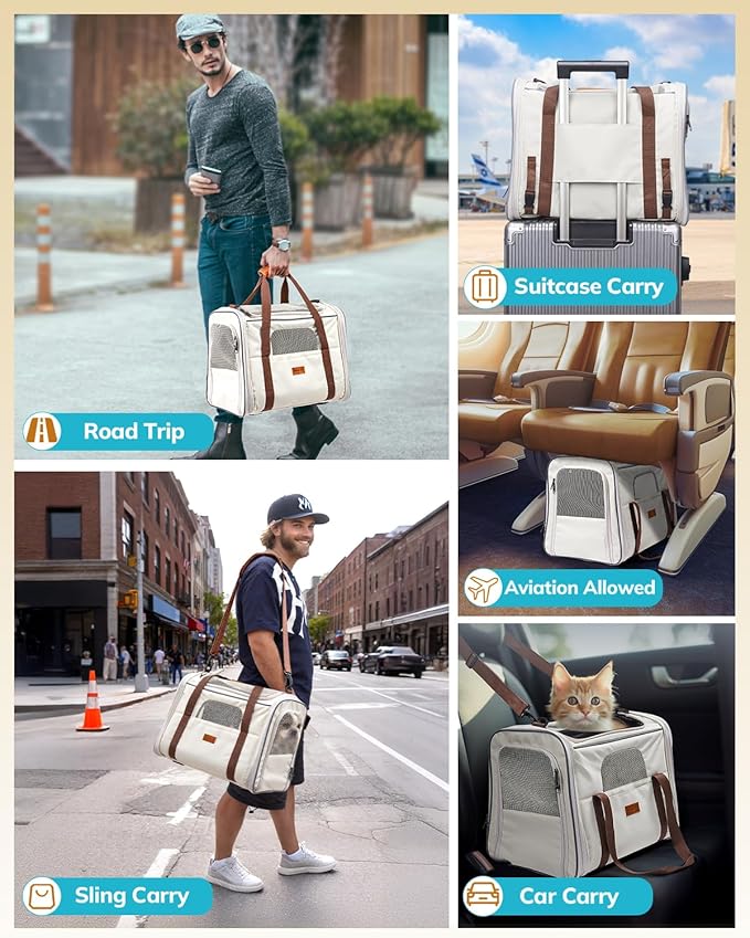 Morpilot Cat Carrier - Soft Sided Cat Carrier Large for Big Medium Cats and Puppy up to 18lbs, Pet Carrier with Safety Zippers, Foldable Bowl, Airline Approved Large Dog Carrier - Beige
