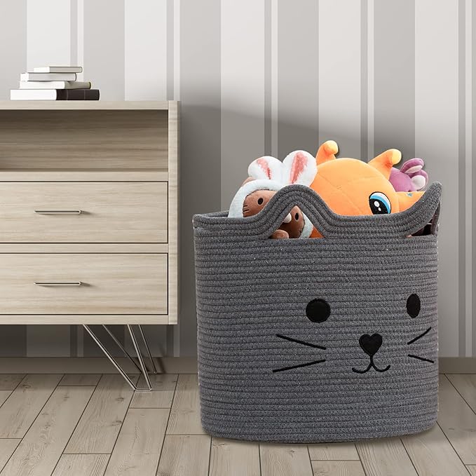 VK VK·LIVING Large Basket for Organizing Cute Animal Storage Baskets Cat Toy Storage Woven Cotton Rope Hamper Organizer for Laundry, Towels, Blanket, Toys, Clothes, Gifts, Pet Bed 15''x14''