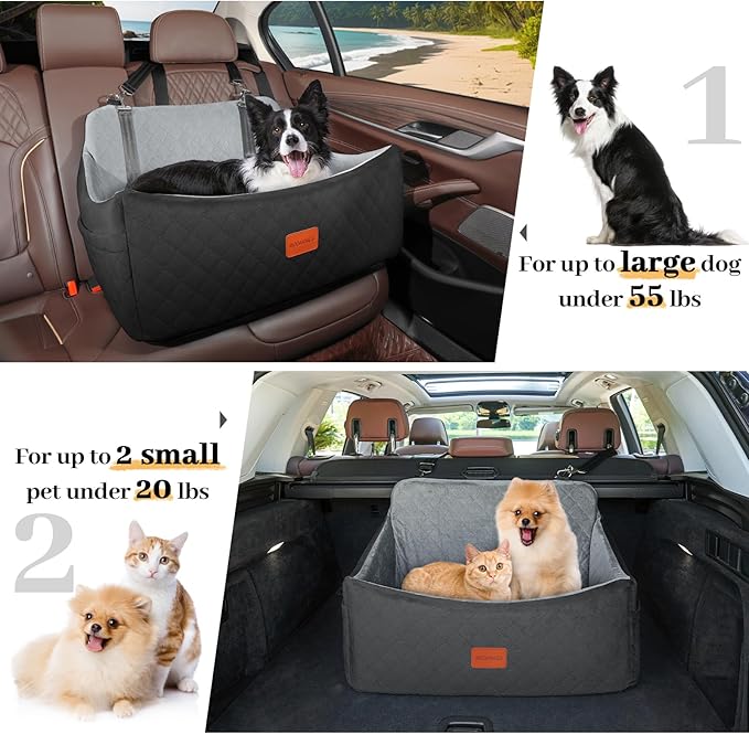 Dog Car Seat for Medium & Large Dogs Up to 55lbs, Memory Foam Cushion, Washable Cover, Safety Straps & Non-Slip Base(Black/Grey,Large)