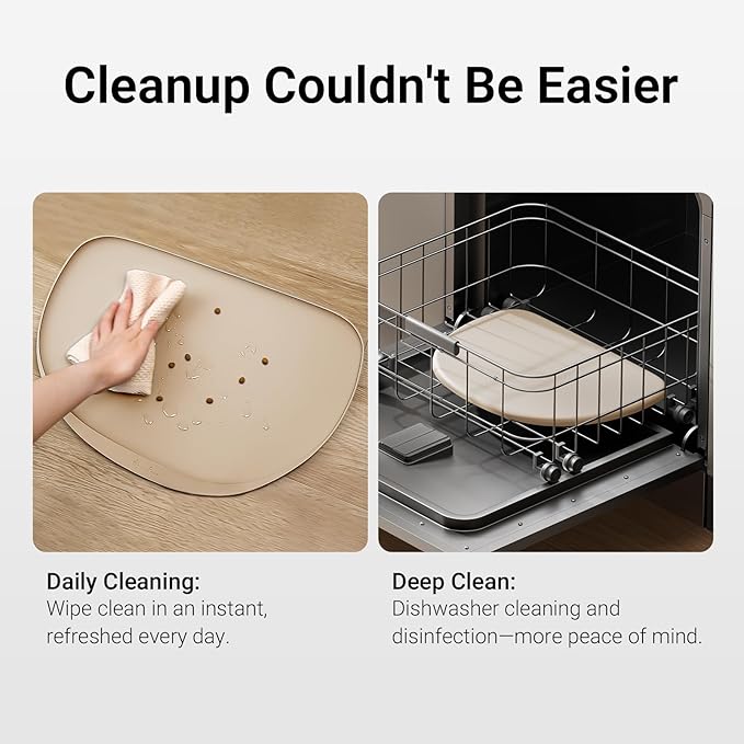 DownyPaws Cat Food Mats for Floors Waterproof, BPA Free Silicone Pet Food Mat, Non-Slip Pet Food Mat with High Raised Edge, Cat Placemat for Messy Drinkers, 18"×12.5", Almond