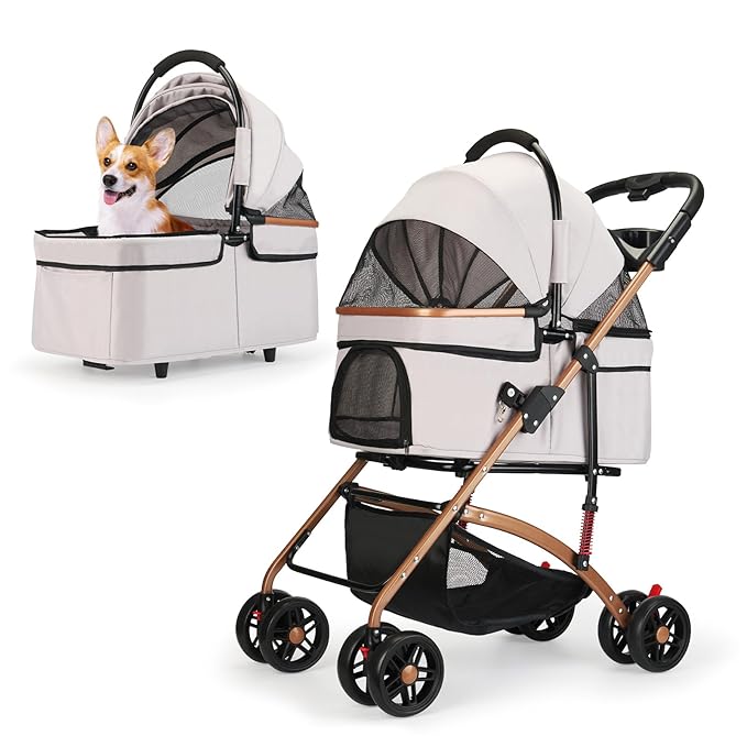 3-in-1 Foldable Pet Stroller for Medium Dogs & Cats up to 50lbs – Detachable Carrier & Car Seat with Storage Basket, 5” Lockable Wheels – All-Terrain Design for Jogging, Walking, and Travel (Grey)