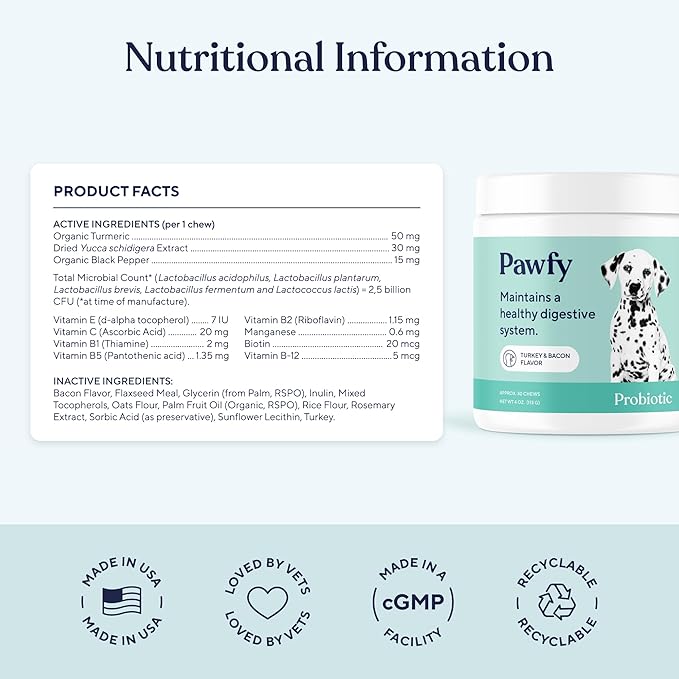 Pawfy Probiotics for Dogs | Supports Digestive Health, Diarrhea for Small, Large Dogs | Improves Gut Health | Anti Yeast Supplements | Skin Health Seasonal Allergies Support - 30 Chews (Bacon)