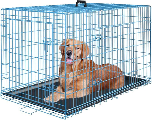 PayLessHere Large Dog Crate Kennel for Medium Large Dogs Metal Dog Cage Double-Door Folding Travel Indoor Outdoor Puppy Playpen with Divider and Handle Plastic Tray (48 Inch, Blue)