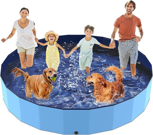 97" Foldable Dog Pool Kiddie Swimming Pool, Plastic Non-Slip Hard Shell Kids Wading Pool, Large Portable Collapsible Pet Puppy Bathing Tub, Heavy Duty - Family Size, 8 ft x 16 inch.D - 5XL