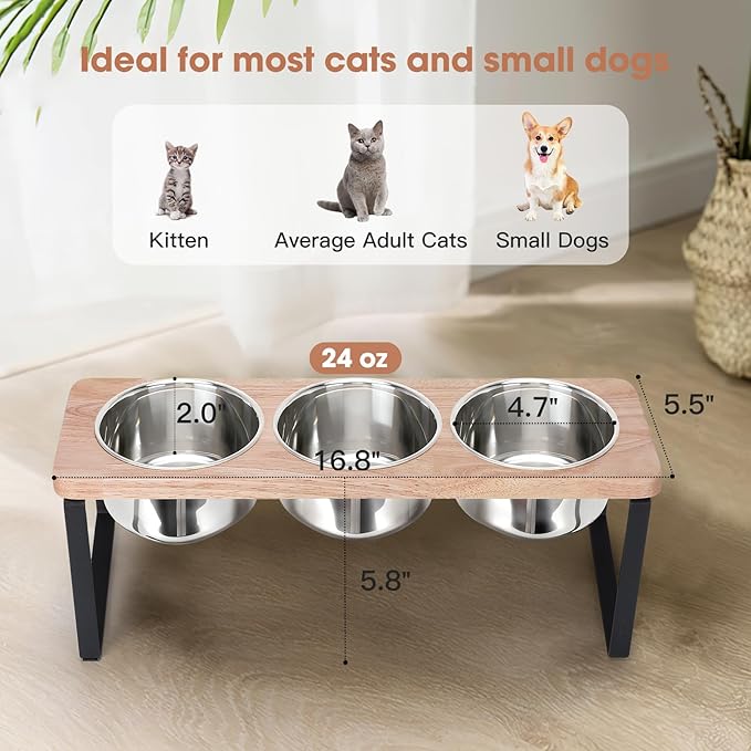 Elevated Cat Bowls with 3 Stainless Steel Bowls, 15° Tilted Raised Cat Food Bowl Wood Pet Bowls with Stand Anti Vomiting 2 Stainless Steel Bowl for Cats and Puppy