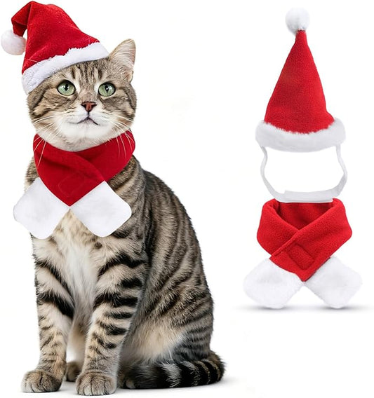 Cat Santa Hat with Scarf, Christmas Costume Suit for Cats Small Dogs Rabbits Doll, Holiday Party Decoration for Pets, Red S