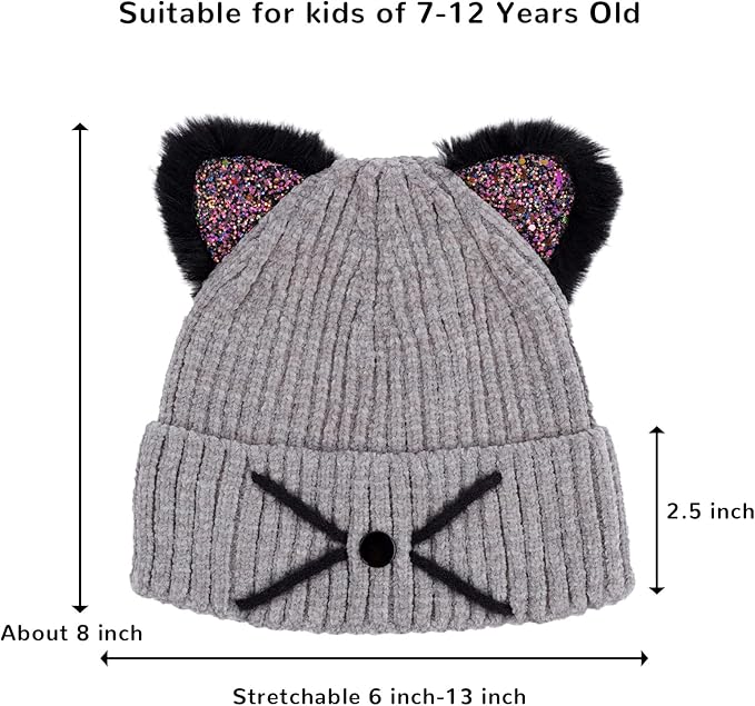 Kids Girls Cat Ear Hat Winter Warm Knit Beanie Cute Ski Skull Cap for Ages 7-12