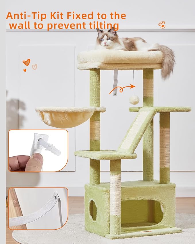 Taoqimiao Cat Tree,38.5-Inch Cat Tower for Indoor Cats,Suitable for Kittens with Luxurious cat condo with Adjustable Baskets and Luxurious Perch MS029SGB Green and Beige