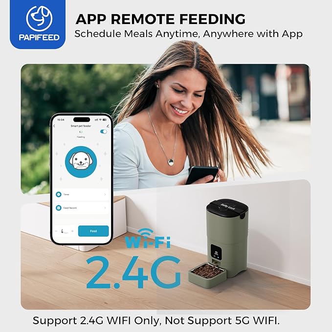 PAPIFEED Automatic Cat Feeder Upgrade, Smart Cat Feeder 6L - APP/Alexa Control, Dual Power Supply, Anti-chewing Cord, Stainless Steel Bowl, Anti-chewing Design for Cats and Small/Medium Dogs (Greener)