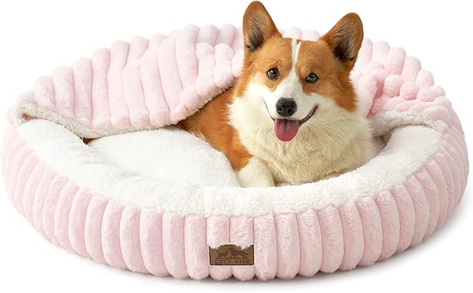 Dog Bed with Hooded Blanket, Round Fluffy Anti-Anxiety Pet Bed for Medium Dogs & Large Dogs, Cozy Donut Cuddler with Machine Washable Faux Fur & Anti-Slip Bottom(35"×35"×7",Pink)