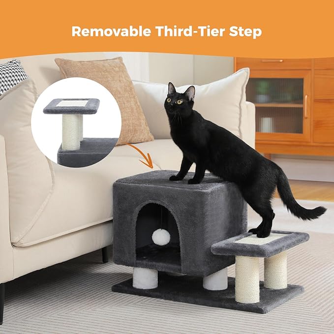 3-in-1 Dog Stairs & Cat Scratching Post with Condo, Pet Steps for High Bed, Sofa, Couch, Tall Cat Tower, High-Strength Board for Indoor Small Cats Kittens Dogs Climbing Playing, 3 Steps-Dark Grey