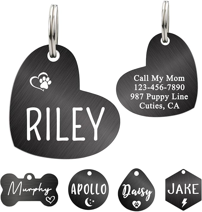 Ultra Joys Dog ID Tag, Custom Dog Tag Personalized Cat Tag, Pet ID Tag, Brushed Stainless Steel Heart Cat Tags Pet Tags, Brushed Stainless Steel Heart Dog Tag Black Large