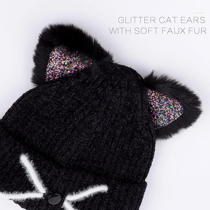 Kids Girls Cat Ear Hat Winter Warm Knit Beanie Cute Ski Skull Cap for Ages 7-12