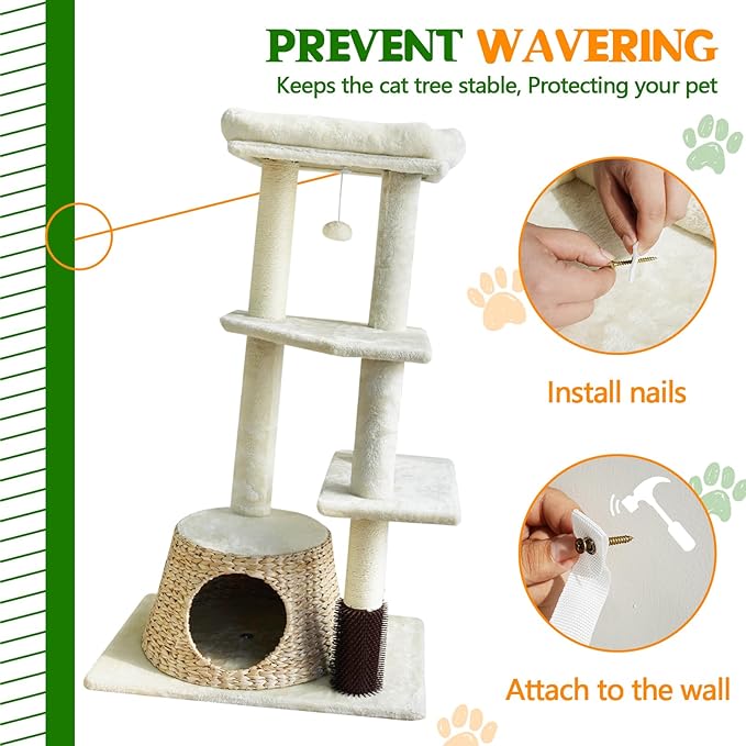 43.6” Rattan Cat Tree Tower with Woven Cat House - Multi-Level Condo & Scratching Posts - Sisal Poles, Grooming Brush, Plush Perch & Dangling Toy, Stylish Cat Furniture for Indoor Cats