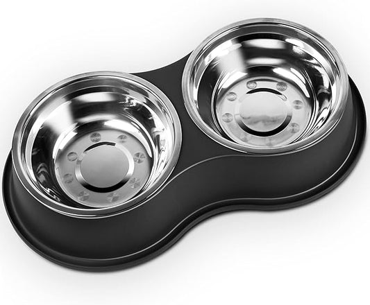 Dog Bowls Large Double Dog Water and Food Bowls Stainless Steel Bowls with Non-Slip Resin Station, Pet Feeder Bowls Food Dish for Small Medium Large Dogs Cats