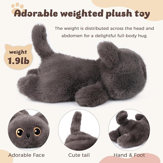 1.9 lbs Weighted Stuffed Animals Cat - Dark Grey Cat Plush, Cute cat Stuffed Animal Kawaii Plushies Hugging Toy Gifts for Kids Boys Girls & Adults