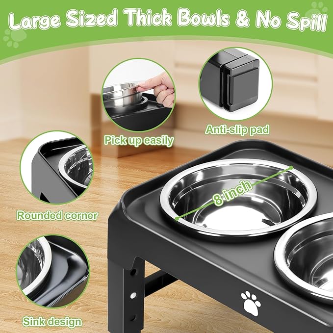 Elevated Bowls with Adjustable Heights - Raised Stand with 2 Stainless Steel Food Bowls, Non-Slip Foldable Feeder for Medium Large Dogs, Adjusts to 12.36", 10.75", 9.2", 3.7", Black