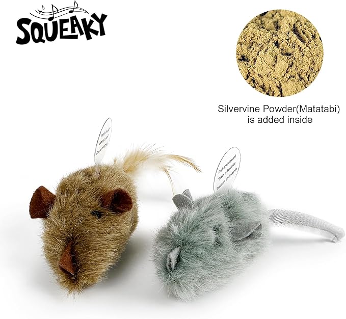 TTcat 2Pcs Silvervine Feather Mice for Cats and Kittens,Interactive Cat Mice Toy,Melody Chaser Cat Play Squeaking Mice.