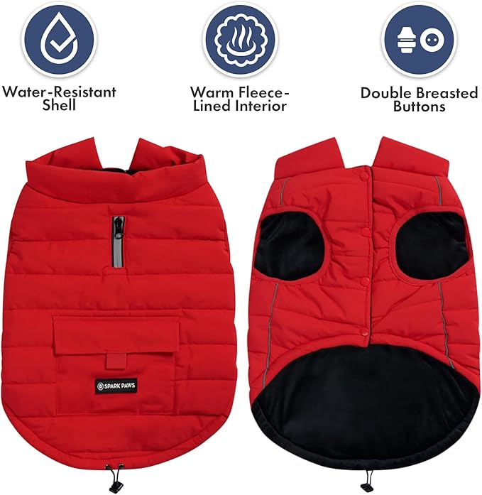 Spark Paws Dog Winter Jacket, Water-Resistant Coat, Warm Reflective Windproof Fleece-Interior, for Medium and Large Dogs - Red - 4XL