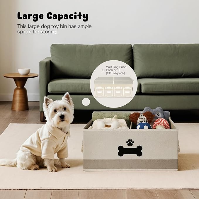 Dog Toy Basket with Double-Open Lid, Divided Dog Basket for Toys, Collapsible Pet Toy Box, Dog Storage Organizer with 2 Divided Area, Puppy Toy Baskets with Rope Handles, Beige & Gray